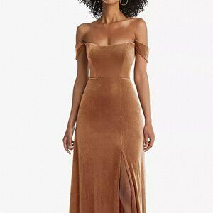 After Six 1551...Off-the-Shoulder Flounce Sleeve Velvet Maxi...Almond...Size 10
